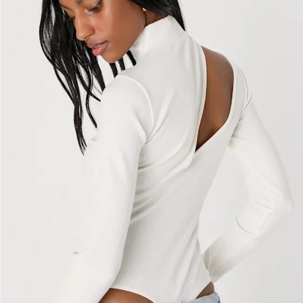 Lulus Attractive Attitude White Ribbed Cutout Mock Neck Bodysuit - Small NWOT - Picture 2 of 6